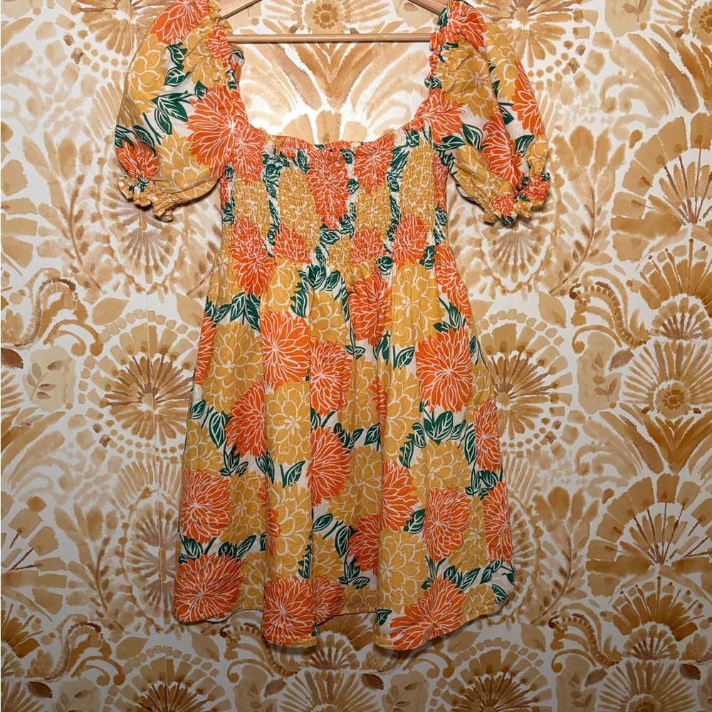 Anthropologie House of Harlow 100% Linen Floral SmockedDressWomen M PuffSleeve - Picture 5 of 10
